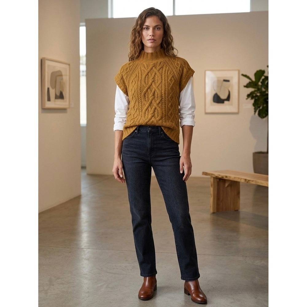 Maeve Anthropologie Cable Knit Sweater Vest Mustard Yellow Mock Neck XS/S